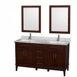 60 inch Double Bathroom Vanity in Dark Chestnut, White Carrera Marble Countertop, Undermount Square Sinks, and 24 inch Mirrors