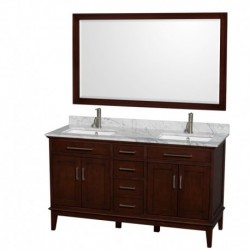 60 inch Double Bathroom Vanity in Dark Chestnut, White Carrera Marble Countertop, Undermount Square Sinks, and 56 inch Mirror