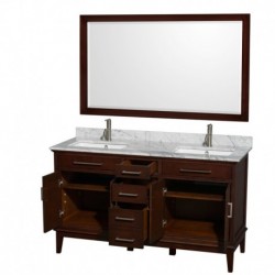 60 inch Double Bathroom Vanity in Dark Chestnut, White Carrera Marble Countertop, Undermount Square Sinks, and 56 inch Mirror