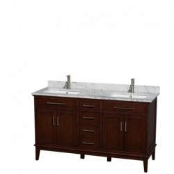 60 inch Double Bathroom Vanity in Dark Chestnut, White Carrera Marble Countertop, Undermount Square Sinks, and No Mirror