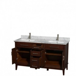 60 inch Double Bathroom Vanity in Dark Chestnut, White Carrera Marble Countertop, Undermount Square Sinks, and No Mirror