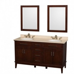 60 inch Double Bathroom Vanity in Dark Chestnut, Ivory Marble Countertop, Undermount Oval Sinks, and 24 inch Mirrors