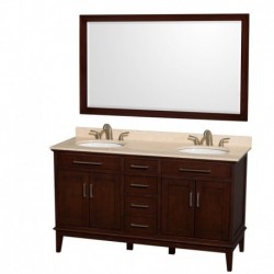 60 inch Double Bathroom Vanity in Dark Chestnut, Ivory Marble Countertop, Undermount Oval Sinks, and 56 inch Mirror