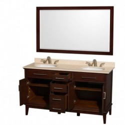 60 inch Double Bathroom Vanity in Dark Chestnut, Ivory Marble Countertop, Undermount Oval Sinks, and 56 inch Mirror