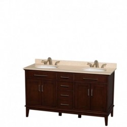 60 inch Double Bathroom Vanity in Dark Chestnut, Ivory Marble Countertop, Undermount Oval Sinks, and No Mirror