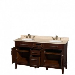 60 inch Double Bathroom Vanity in Dark Chestnut, Ivory Marble Countertop, Undermount Oval Sinks, and No Mirror