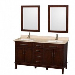 60 inch Double Bathroom Vanity in Dark Chestnut, Ivory Marble Countertop, Undermount Square Sinks, and 24 inch Mirrors