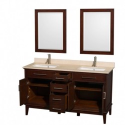 60 inch Double Bathroom Vanity in Dark Chestnut, Ivory Marble Countertop, Undermount Square Sinks, and 24 inch Mirrors