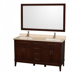 60 inch Double Bathroom Vanity in Dark Chestnut, Ivory Marble Countertop, Undermount Square Sinks, and 56 inch Mirror
