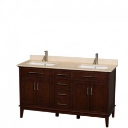 60 inch Double Bathroom Vanity in Dark Chestnut, Ivory Marble Countertop, Undermount Square Sinks, and No Mirror