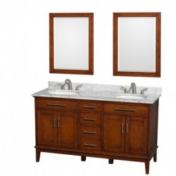60 inch Double Bathroom Vanity in Light Chestnut, White Carrera Marble Countertop, Undermount Oval Sinks, and 24 inch Mirrors