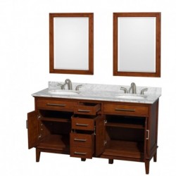 60 inch Double Bathroom Vanity in Light Chestnut, White Carrera Marble Countertop, Undermount Oval Sinks, and 24 inch Mirrors
