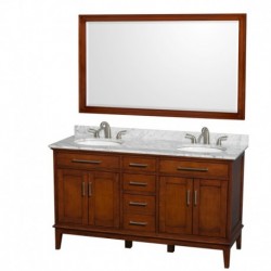 60 inch Double Bathroom Vanity in Light Chestnut, White Carrera Marble Countertop, Undermount Oval Sinks, and 56 inch Mirror