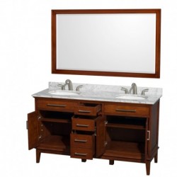 60 inch Double Bathroom Vanity in Light Chestnut, White Carrera Marble Countertop, Undermount Oval Sinks, and 56 inch Mirror