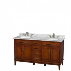 60 inch Double Bathroom Vanity in Light Chestnut, White Carrera Marble Countertop, Undermount Oval Sinks, and No Mirror