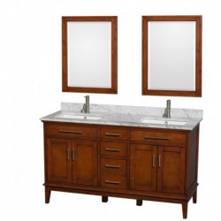 60 inch Double Bathroom Vanity in Light Chestnut, White Carrera Marble Countertop, Undermount Square Sinks, and 24 inch Mirrors