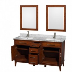 60 inch Double Bathroom Vanity in Light Chestnut, White Carrera Marble Countertop, Undermount Square Sinks, and 24 inch Mirrors