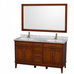 60 inch Double Bathroom Vanity in Light Chestnut, White Carrera Marble Countertop, Undermount Square Sinks, and 56 inch Mirror