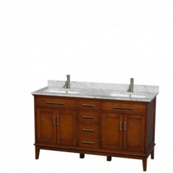 60 inch Double Bathroom Vanity in Light Chestnut, White Carrera Marble Countertop, Undermount Square Sinks, and No Mirror