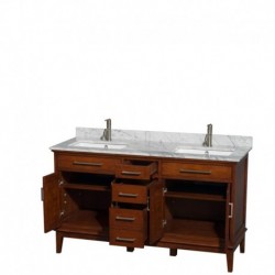 60 inch Double Bathroom Vanity in Light Chestnut, White Carrera Marble Countertop, Undermount Square Sinks, and No Mirror