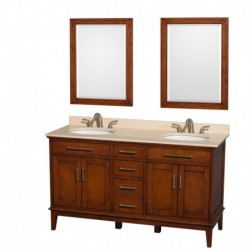 60 inch Double Bathroom Vanity in Light Chestnut, Ivory Marble Countertop, Undermount Oval Sinks, and 24 inch Mirrors