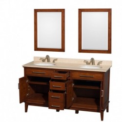 60 inch Double Bathroom Vanity in Light Chestnut, Ivory Marble Countertop, Undermount Oval Sinks, and 24 inch Mirrors