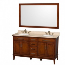 60 inch Double Bathroom Vanity in Light Chestnut, Ivory Marble Countertop, Undermount Oval Sinks, and 56 inch Mirror