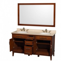 60 inch Double Bathroom Vanity in Light Chestnut, Ivory Marble Countertop, Undermount Oval Sinks, and 56 inch Mirror