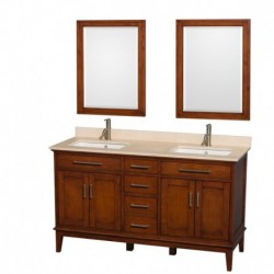 60 inch Double Bathroom Vanity in Light Chestnut, Ivory Marble Countertop, Undermount Square Sinks, and 24 inch Mirrors