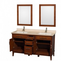 60 inch Double Bathroom Vanity in Light Chestnut, Ivory Marble Countertop, Undermount Square Sinks, and 24 inch Mirrors