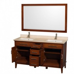 60 inch Double Bathroom Vanity in Light Chestnut, Ivory Marble Countertop, Undermount Square Sinks, and 56 inch Mirror