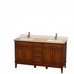 60 inch Double Bathroom Vanity in Light Chestnut, Ivory Marble Countertop, Undermount Square Sinks, and No Mirror