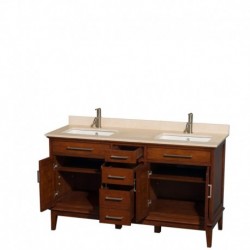 60 inch Double Bathroom Vanity in Light Chestnut, Ivory Marble Countertop, Undermount Square Sinks, and No Mirror