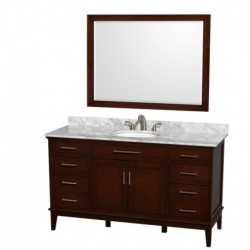 60 inch Single Bathroom Vanity in Dark Chestnut, White Carrera Marble Countertop, Undermount Oval Sink, and 44 inch Mirror