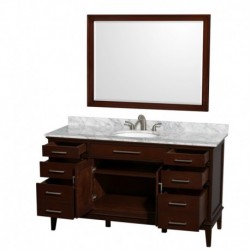 60 inch Single Bathroom Vanity in Dark Chestnut, White Carrera Marble Countertop, Undermount Oval Sink, and 44 inch Mirror