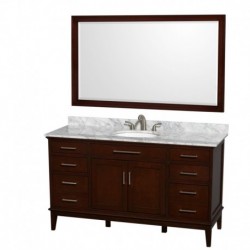 60 inch Single Bathroom Vanity in Dark Chestnut, White Carrera Marble Countertop, Undermount Oval Sink, and 56 inch Mirror