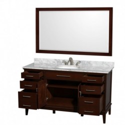 60 inch Single Bathroom Vanity in Dark Chestnut, White Carrera Marble Countertop, Undermount Oval Sink, and 56 inch Mirror