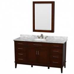 60 inch Single Bathroom Vanity in Dark Chestnut, White Carrera Marble Countertop, Undermount Oval Sink, and Medicine Cabinet