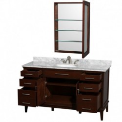60 inch Single Bathroom Vanity in Dark Chestnut, White Carrera Marble Countertop, Undermount Oval Sink, and Medicine Cabinet