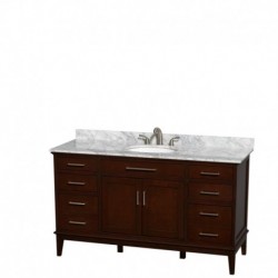 60 inch Single Bathroom Vanity in Dark Chestnut, White Carrera Marble Countertop, Undermount Oval Sink, and No Mirror