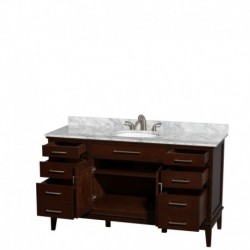 60 inch Single Bathroom Vanity in Dark Chestnut, White Carrera Marble Countertop, Undermount Oval Sink, and No Mirror
