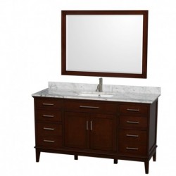 60 inch Single Bathroom Vanity in Dark Chestnut, White Carrera Marble Countertop, Undermount Square Sink, and 44 inch Mirror