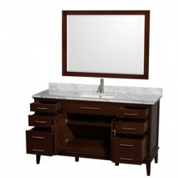 60 inch Single Bathroom Vanity in Dark Chestnut, White Carrera Marble Countertop, Undermount Square Sink, and 44 inch Mirror