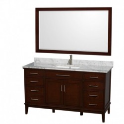 60 inch Single Bathroom Vanity in Dark Chestnut, White Carrera Marble Countertop, Undermount Square Sink, and 56 inch Mirror