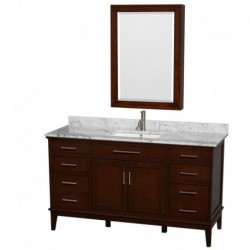 60 inch Single Bathroom Vanity in Dark Chestnut, White Carrera Marble Countertop, Undermount Square Sink, and Medicine Cabinet
