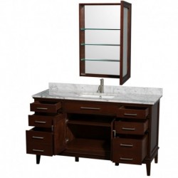 60 inch Single Bathroom Vanity in Dark Chestnut, White Carrera Marble Countertop, Undermount Square Sink, and Medicine Cabinet