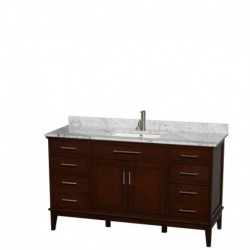 60 inch Single Bathroom Vanity in Dark Chestnut, White Carrera Marble Countertop, Undermount Square Sink, and No Mirror