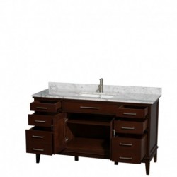 60 inch Single Bathroom Vanity in Dark Chestnut, White Carrera Marble Countertop, Undermount Square Sink, and No Mirror