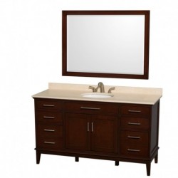 60 inch Single Bathroom Vanity in Dark Chestnut, Ivory Marble Countertop, Undermount Oval Sink, and 44 inch Mirror