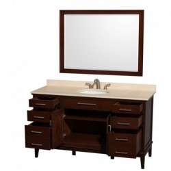 60 inch Single Bathroom Vanity in Dark Chestnut, Ivory Marble Countertop, Undermount Oval Sink, and 44 inch Mirror